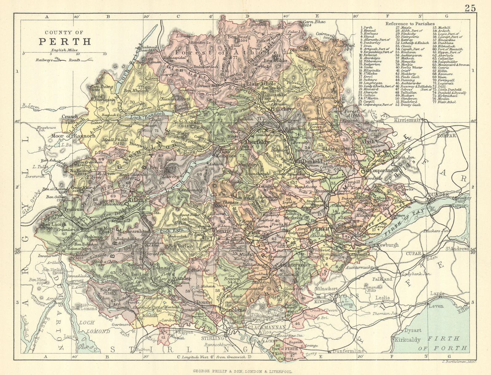 'County of Perth'. Perthshire. Parishes. BARTHOLOMEW 1888 old antique map